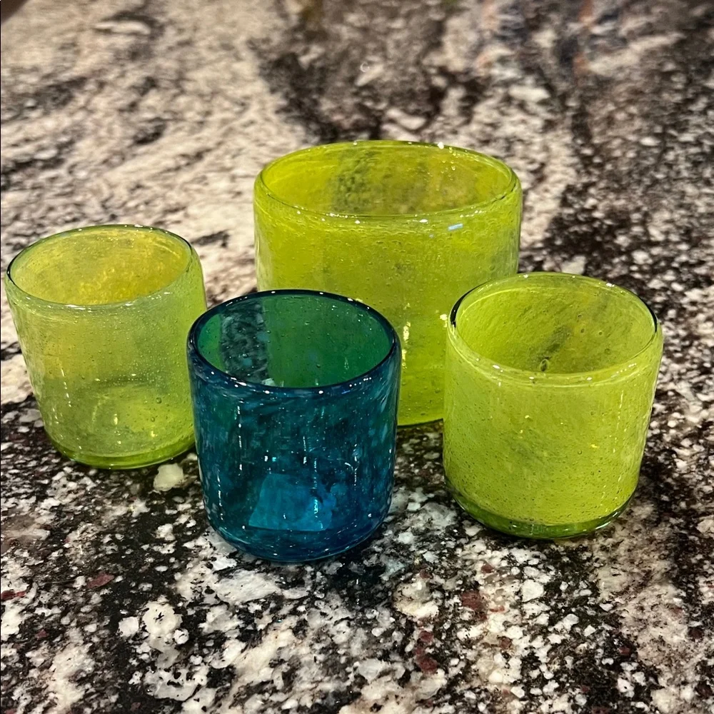 Crate&Barrel Green and Blue Glass Candle Holders